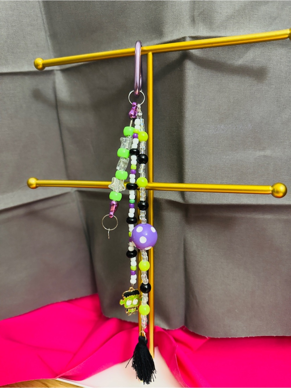 Halloween Beaded Purple & Neon Green Tassel Purse Charm Keychain